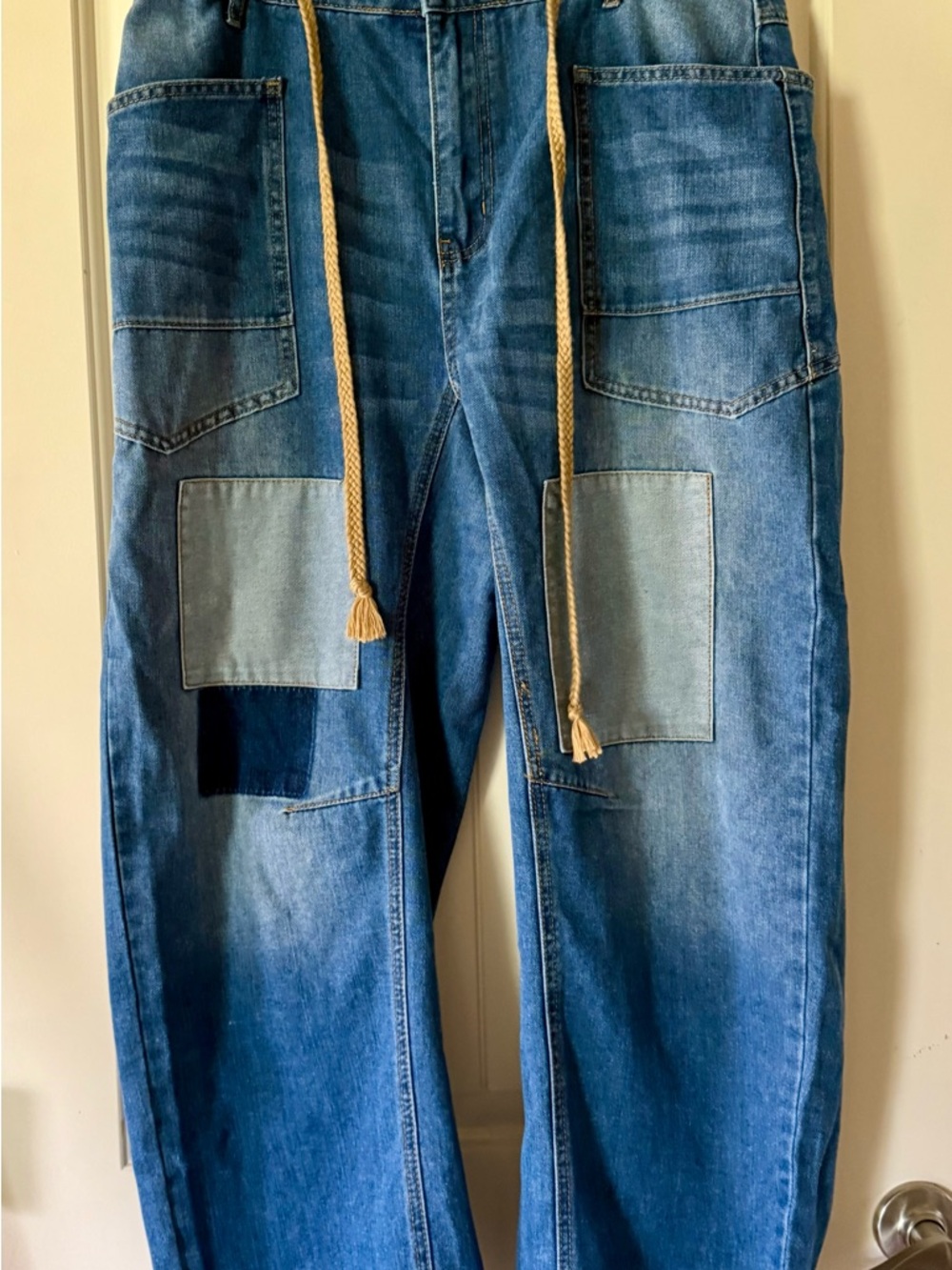 Patchwork Relaxed Denim Pants With Rope Belt - Picture 4 of 9